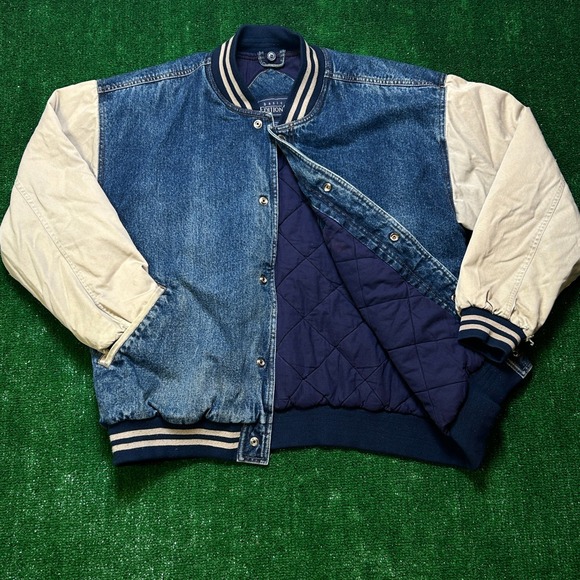 Basic Editions Other - Y2K / Vintage Basic Editions Denim Varsity M Blue Bomber Two Tone Removable Hood